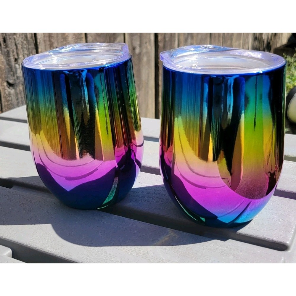 12oz Double Wall Insulated Rainbow Stainless Steel Wine Tumblers 2 w/ lids NWOT
